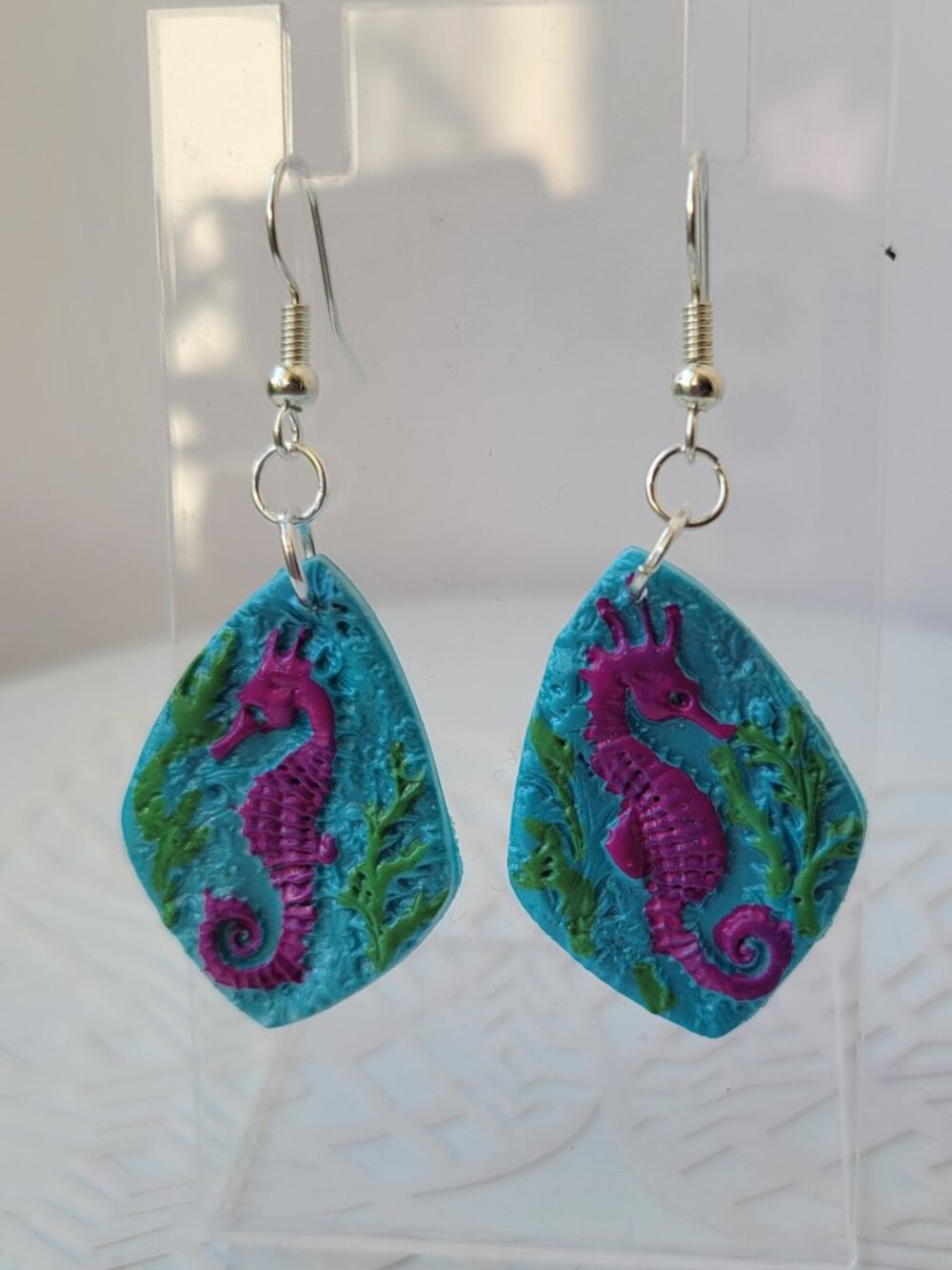 Seahorse polymer clay earrings - proceeds to families in Gaza